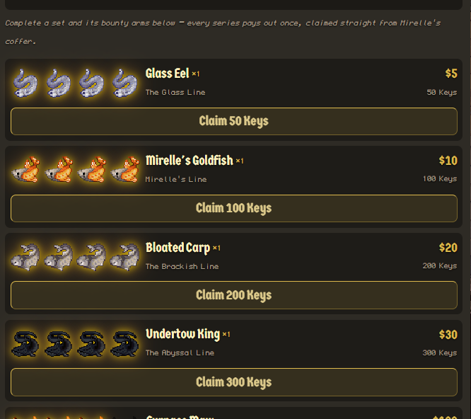 A pixel art interface showing a reward store with sets like "Glass Eel", "Mirelle's Goldfish", "Bloated Carp", and "Undertow King" priced in keys and dollars.