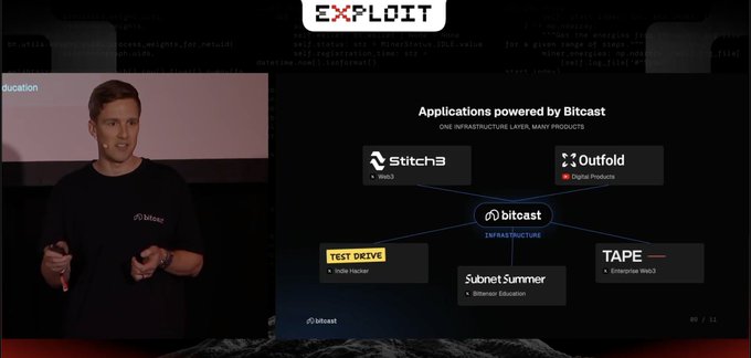 A presenter on stage discusses 'Applications powered by Bitcast', showing logos for Stitch3, Outfold, Test Drive, Subnet Summer, and TAPE.