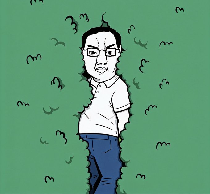 An illustration depicts a cartoon figure with glasses and a grumpy expression emerging from a torn opening in a green background filled with floating leaf shapes.