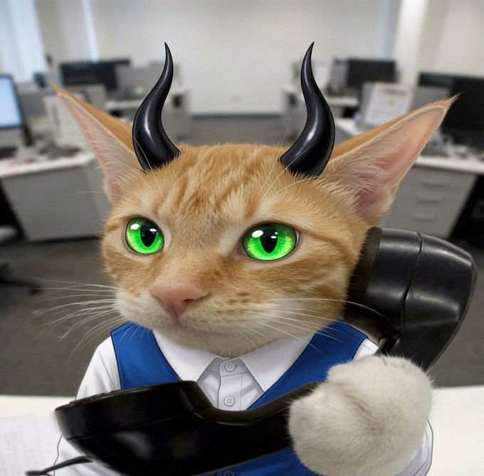 An orange tabby cat with glowing green eyes, black devil horns, and a blue vest sits at an office desk holding a black telephone receiver to its ear, ready to place a call. The image humorously visualizes the post's message of summoning the "catcall" helpline to Valhalla, with the demonic-feline receptionist eagerly dialing in.