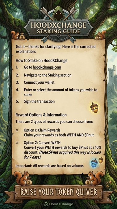 A 'HOODXCHANGE STAKING GUIDE' infographic with a forest theme, detailing 5 steps to stake on hoodxchange.com and explaining two reward options: Claim Rewards (WETH and $Pnut) or Convert WETH (with a 10% discount on $Pnut, locked for 7 days).