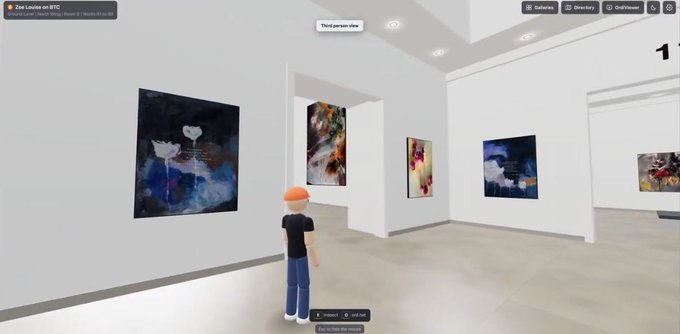 A screenshot of a 3D virtual art gallery called 'Zoe Leisha on BTC' where a user in an orange beanie views various digital artworks displayed on white walls.