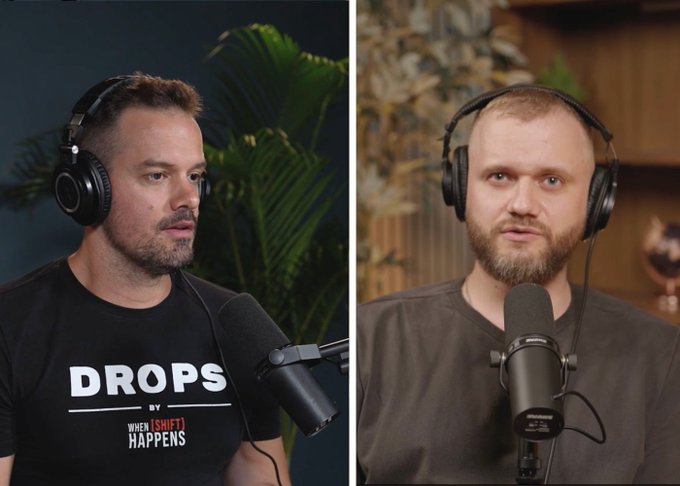 Two men wear headphones and speak into podcast microphones in a split-screen setup, with the left subject sporting a black t-shirt reading "DROPS BY WHEN [SHIFT] HAPPENS" and the right subject in a dark shirt. The image visually represents the recording of the DROPS podcast episode featuring an interview with Tokarev, CEO of Bron Wallet, discussing crypto topics including trustless systems and multi-party computation.