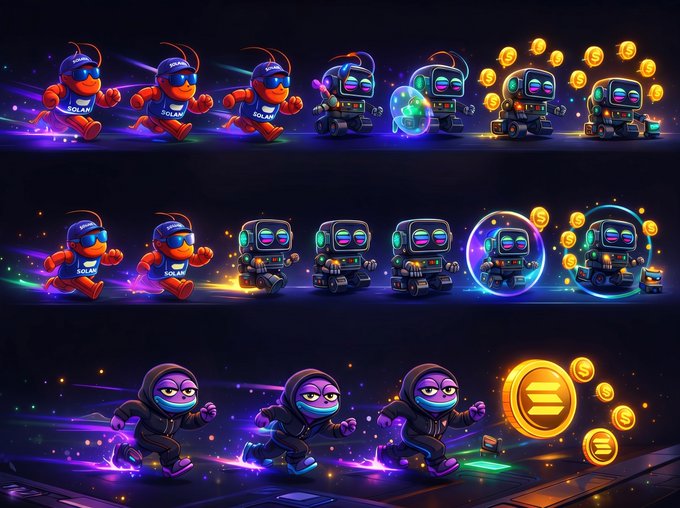The image features a series of cartoon-like robots, each with unique designs and colors. The robots are shown running across a dark background, creating an impression of motion and energy. Some of these robots have glowing eyes or other visual elements that make them stand out against the black backdrop. The post also mentions that there is a new character being created for the @solana runner game. This suggests that the image might be related to a gaming concept or a creative project involving animated characters, such as the ones in this image.