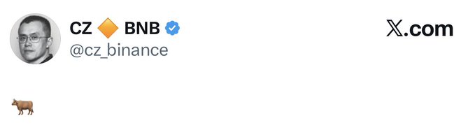 The image shows a tweet from CZ (Changpeng Zhao) of @cz_binance on X.com, featuring a verified account display name with BNB ticker and a gold diamond emoji. The tweet contains only a brown cow emoji 🐄, which creatively aligns with the post's bullish message since a "bull" in financial markets symbolizes rising prices.