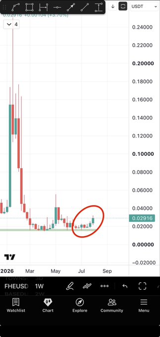 A weekly candlestick chart of FHE/USD on TradingView shows the token's price has stabilized around $0.02916 after a sharp decline from its 2026 highs, with a red circle highlighting a recent consolidation pattern near the support level. The circled area visually emphasizes the setup being promoted in the post, suggesting this price range as the ideal accumulation zone before a potential breakout.