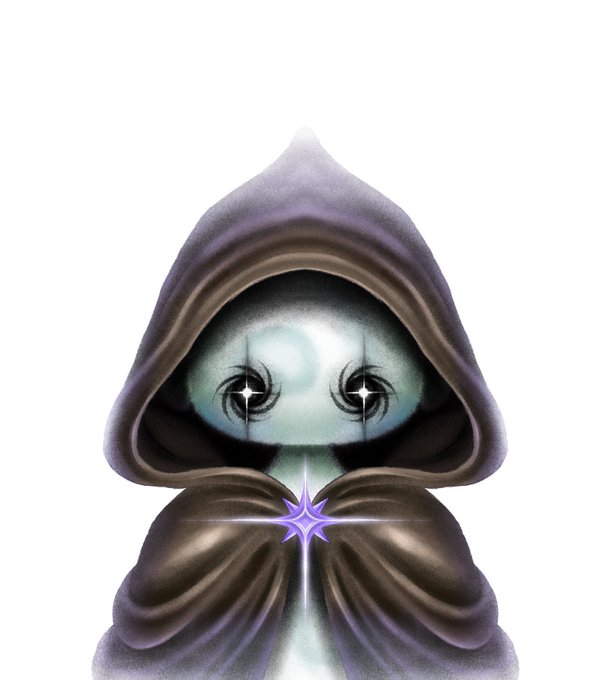 A cute cartoonish hooded figure with large sparkling star-shaped eyes and a glowing purple star emblem on its cloak, set against a white background.