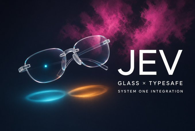 An advertisement showing rimless eyeglasses against a black background with pink powder explosion effects, branded 'JEV GLASS x TYPESAFE SYSTEM ONE INTEGRATION' with blue and orange light reflections.