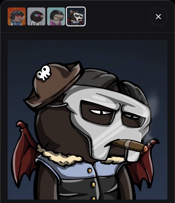 A cartoon character wearing a skull mask, pirate hat, and cape while smoking a cigar, shown as a profile picture selection screen.