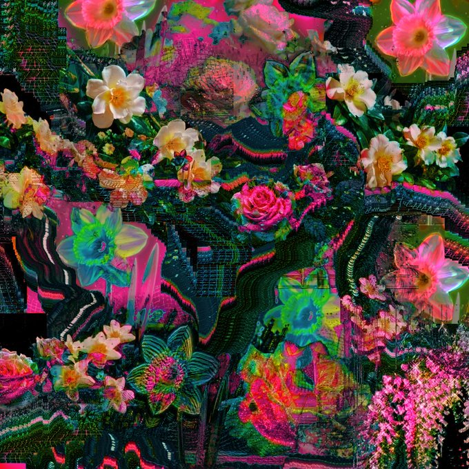 A vibrant, chaotic digital artwork collage featuring neon green, pink, and blue colors with numerous flowers and abstract geometric patterns.