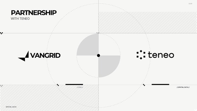 A minimalist partnership announcement graphic between VANGRID and Teneo, featuring both company logos on a white background with circular geometric design elements and 'SPATIAL DATA' text.