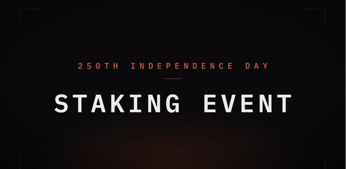 A sleek black promotional banner with red and white text reading "250TH INDEPENDENCE DAY" above a large "STAKING EVENT" headline, visually highlighting a limited-time boosted staking campaign mentioned in the post. The design ties into the caption's mention of a special promotional staking period running across multiple supported assets on the platform.