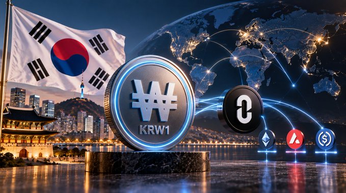 A promotional graphic featuring the South Korean flag alongside a large silver KRW (Korean Won) cryptocurrency coin, set against a night view of Seoul and a world globe showing various crypto connections.