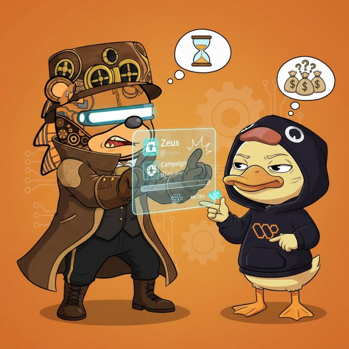 A cartoon illustration showing a steampunk-styled bear character with glowing visor goggles interacting with a hooded duck mascot wearing a crypto-themed outfit, surrounded by thought bubbles with an hourglass, money bags, and interface elements labeled "Zeus" and "Campaign."