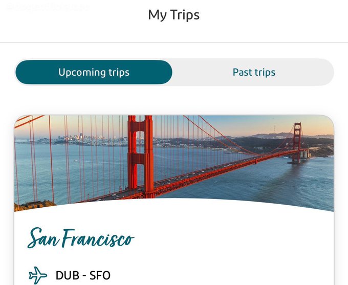 A travel app interface showing 'My Trips' with tabs for 'Upcoming trips' and 'Past trips', featuring a San Francisco trip with an image of the Golden Gate Bridge and flight route 'DUB - SFO'.