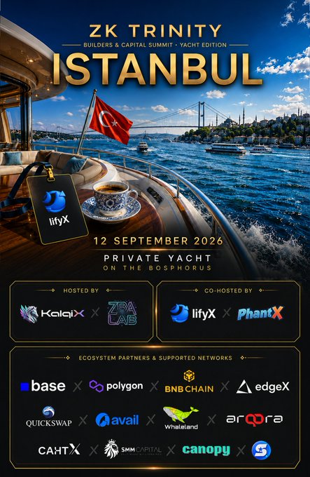 A promotional poster for "ZK TRINITY — Builders & Capital Summit — Yacht Edition" in Istanbul on September 12, 2026, featuring a scenic Bosphorus view from a private yacht with a Turkish flag and Turkish tea, hosted by Kalaix and ZK Lab and co-hosted by LifyX and PhantX. The image aligns with the post's description of an invite-only Web3 gathering aboard a private yacht, showcasing event details and partner logos including Base, Polygon, BNB Chain, and others.