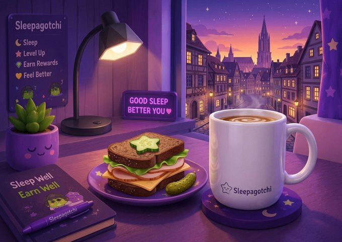 A cozy, stylized “Sleepagotchi” scene shows a cup of coffee, a sandwich, a lamp, a succulent, and a book beside a sunset city view; nearby text includes “Sleepagotchi,” “GOOD SLEEP BETTER YOU,” and “Sleep Well Earn Well.”