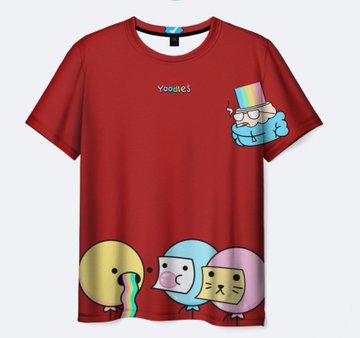 Red t-shirt featuring the 'Google' logo and various colorful cartoon characters including a smiling cat/dog in a hoodie and egg-shaped characters, appearing to be associated with Moodengs.