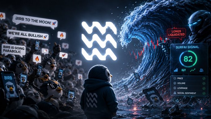 A surreal crypto-themed digital artwork depicting 'BIRB TO THE MOON!' with bullish penguins, a Surf Signal of 82, and a massive wave.