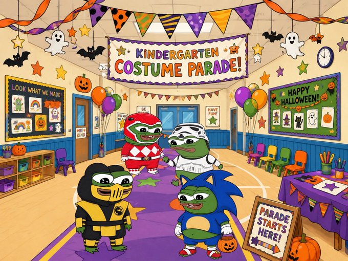 A colorful cartoon illustration of a 'Kindergarten Costume Parade!' showing costumed characters including a red Power Ranger-like figure, a Stormtrooper, a knight, and a Sonic-like character in a decorated classroom with Halloween themes.