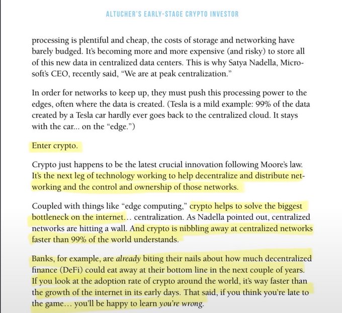 An article titled 'ALTUCHER'S EARLY-STAGE CRYPTO INVESTOR' discusses how crypto helps decentralize networks and disrupt centralized finance, with key passages highlighted in yellow.