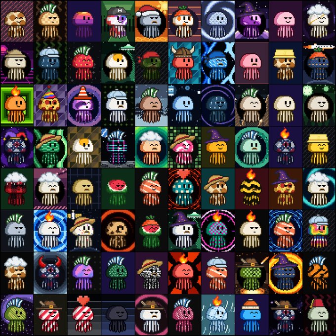 A grid collage displaying numerous pixel-art character avatars with various colorful designs, featuring characters with different hats, hairstyles, and visual effects in an NFT-style collection.