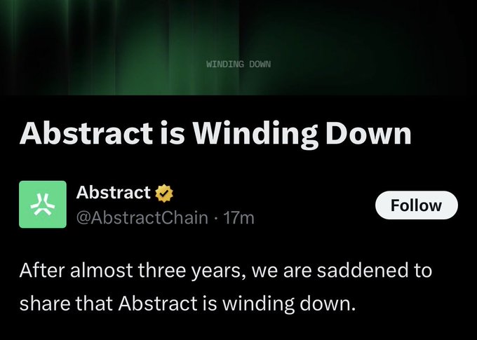 A social media post from @AbstractChain titled 'Abstract is Winding Down' with text reading 'After almost three years, we are saddened to share that Abstract is winding down.'