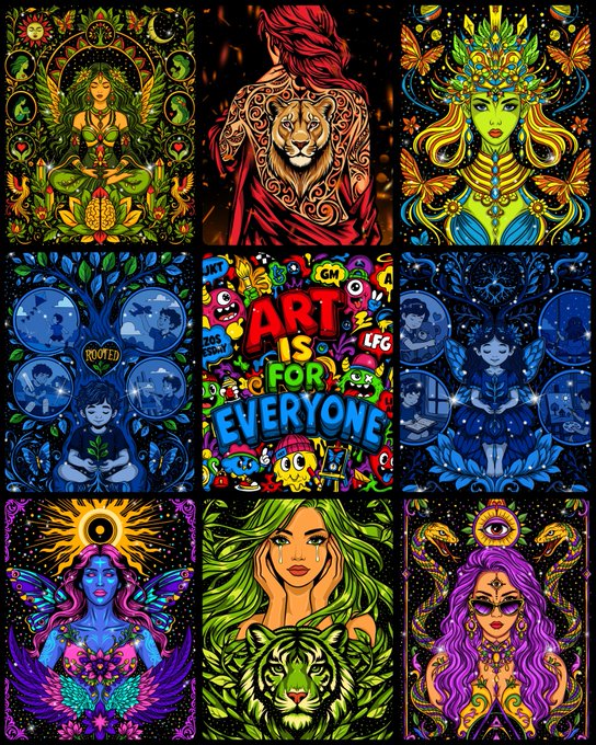 A vibrant 3x3 grid of nine colorful illustrations featuring mystical female figures, butterflies, celestial motifs, and tiger imagery in neon hues, centered around a bold panel reading "ART IS FOR EVERYONE" alongside playful doodles and text like "ROOTED" and "LFG." The collection embodies the post's message of art as a transformative force, uniting diverse dreamlike visuals to celebrate meaningful creative expression on #TEZOSTUESDAY.