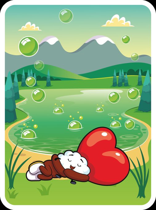 The image features a cartoon character, likely a dog or a cat, sleeping peacefully with a heart-shaped balloon attached to its head. The balloon has a red color that matches the heart shape of the balloon. The scene takes place near a lake surrounded by mountains and trees, creating a serene and picturesque setting for the sleeping character.