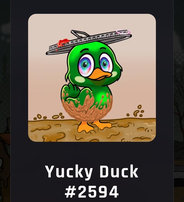A cartoon green duck labeled "Yucky Duck #2594" is shown covered in mud with a stadium balanced on its head, representing the winning entry in Yuck Battle Round 5 and earning an INX NFT, a Yuck Mystery Box, and a spot in the Season 1 Championship.
