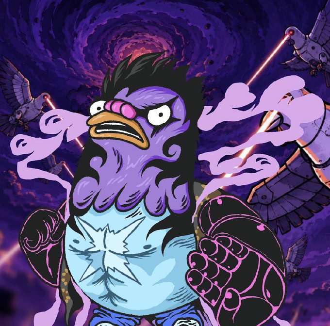 A stylized cartoon illustration of a muscular anthropomorphic purple penguin-like character with black hair, flexing against a swirling purple cosmic background.