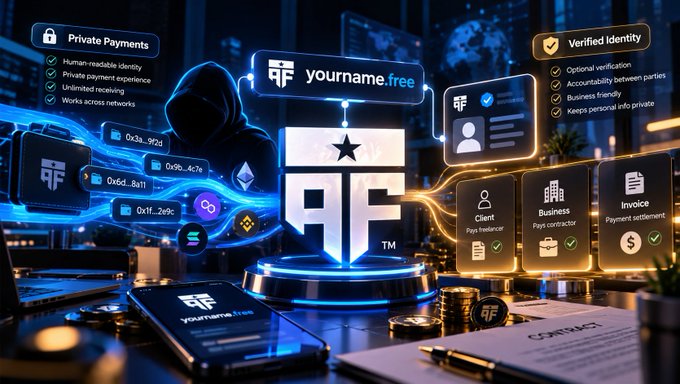 A futuristic digital scene displays the "yourname.free" crypto payment platform, featuring a hooded figure surrounded by floating holographic panels listing features like "Private Payments," "Verified Identity," and supported payment flows such as "Client Pays Freelancer," "Business Pays Contractor," and "Invoice Payment Settlement." The image visually reinforces the post's message by illustrating how the service balances anonymous transactions with optional identity verification for accountability in real-world payment scenarios.