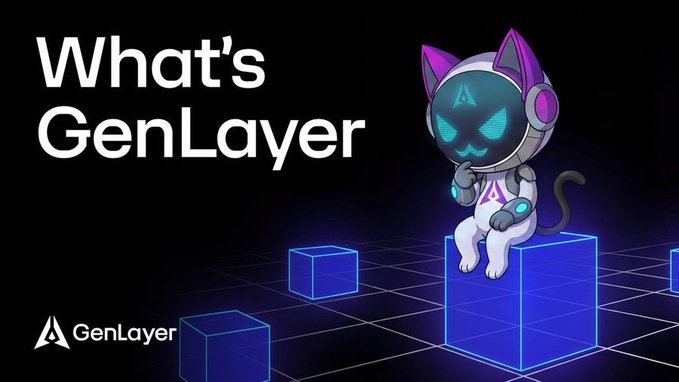 A promotional graphic for GenLayer featuring a cartoon cat mascot in a futuristic suit with cat ears, sitting on glowing blue cubes against a black background.