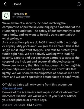 A message alert in a black font, stating that someone has been hit by a major private key compromise. The text indicates that more than 17 wallets were drained with losses estimated at over $30M, and one of them was compromised. Furthermore, the token got crushed by over 80% of the affected wallet balances. The post also talks about an incident related to a Humanity Foundation member who did not use a full protocol.
