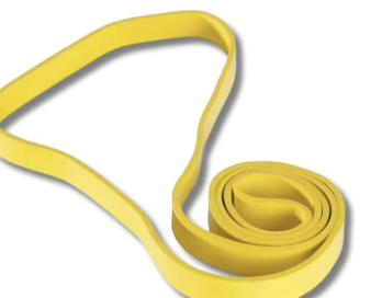 A yellow resistance band or elastic strip curled in an S-shape against a white background.