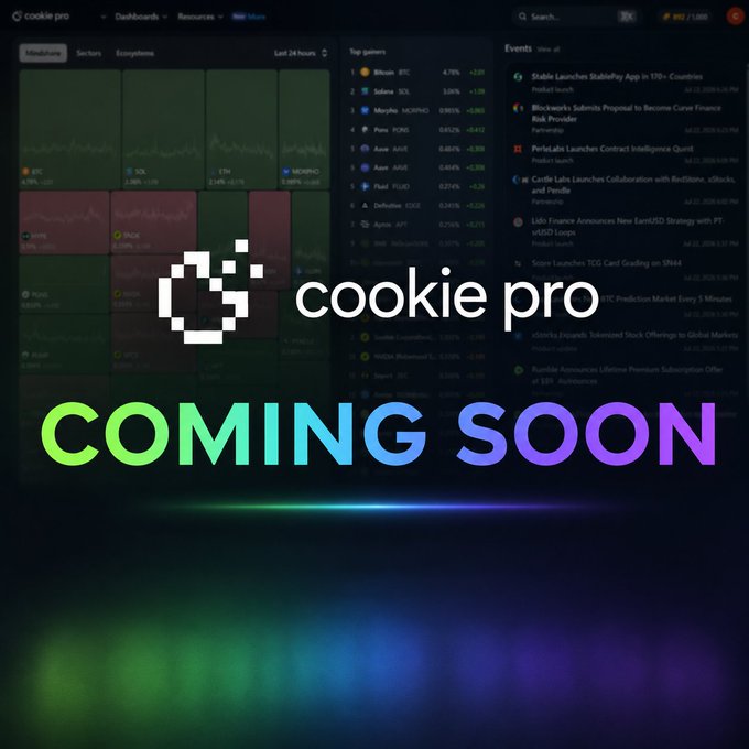 Promotional image for "cookie pro" dashboard displaying cryptocurrency market data with sections for Heatmaps, Sectors, Ecosystems, Top gainers (including BTC, SOL, MORPHO), and Events, overlaid with "COMING SOON" text.
