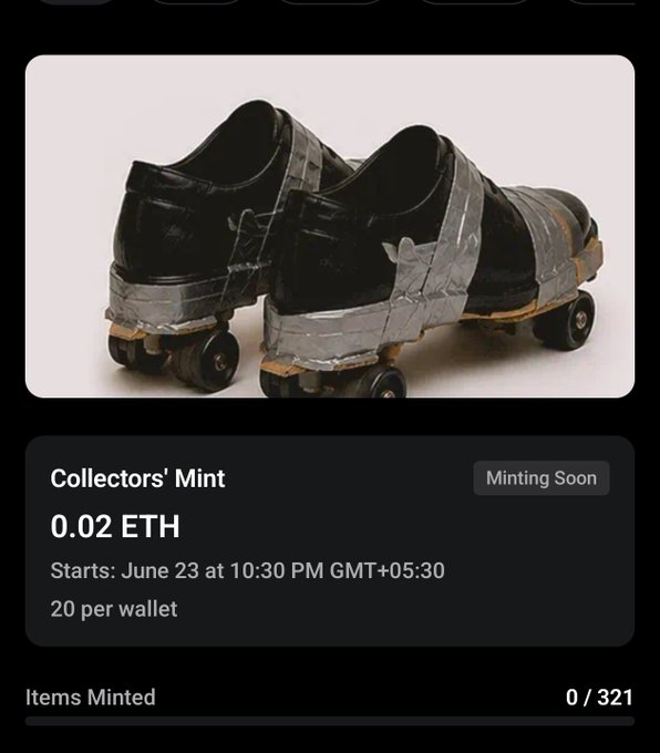 The image shows a pair of shoes with duct tape wrapped around them, which are being sold as collectibles. The shoes are displayed for sale on an online marketplace, and there is information about minting details available for interested buyers. The post also mentions that Mints can be found in the "minted" section of the website.