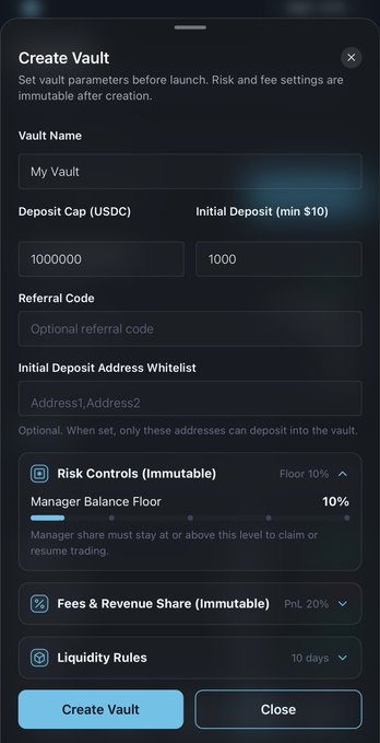 The image shows a "Create Vault" mobile app interface featuring configuration fields for Vault Name ("My Vault"), Deposit Cap of 1,000,000 USDC, Initial Deposit of $1,000, optional Referral Code, Initial Deposit Address Whitelist, and immutable Risk Controls with a 10% Manager Balance Floor, alongside Fees & Revenue Share and Liquidity Rules settings—illustrating the expanded vault management features now available on mobile, where users can configure subaccount-like vaults with address whitelisting.