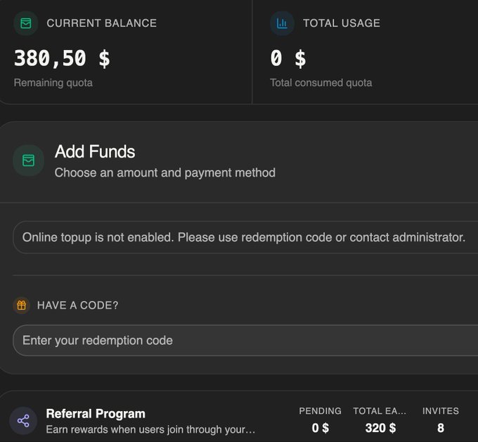 Dark-themed dashboard showing a Current Balance of $380.50 and Total Usage of $0, with options to add funds via redemption code and a Referral Program showing $320 total earned.