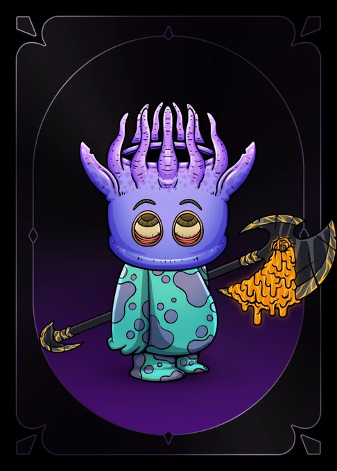Digital illustration of a cartoon character resembling Stitch with a purple spiked head, wearing teal spotted pajamas and holding a gold-and-black axe that drips orange liquid, set against a dark purple background.