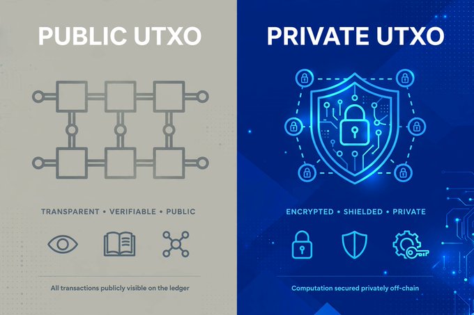 A comparison infographic contrasting 'PUBLIC UTXO' (transparent, verifiable, public with all transactions publicly visible on the ledger) on the left versus 'PRIVATE UTXO' (encrypted, shielded, private with computation secured privately off-chain) on the right, featuring blockchain-style graphics.