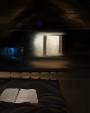A dimly lit bedroom scene with an open book in the foreground on a bed, and a bright light illuminating a window or doorway in the background.
