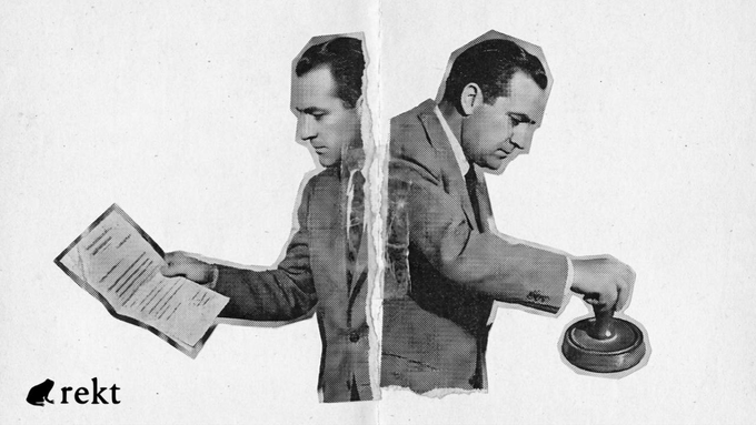 A torn black-and-white photograph showing the same businessman in two halves—one reviewing a document, the other stamping a paper—symbolizing the VerusCoin bridge's repeated security failures, with the "rekt" logo visible in the bottom corner.