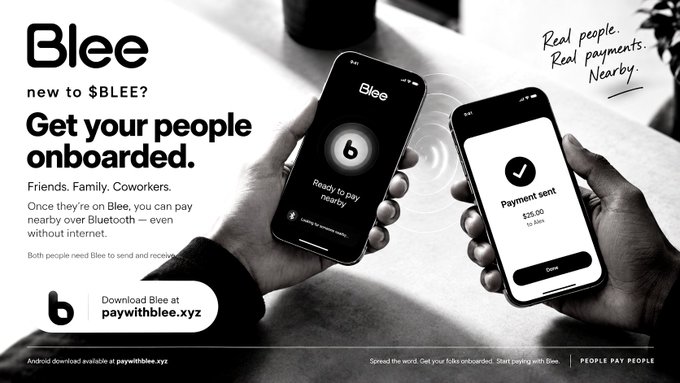 An advertisement for Blee reads 'Get your people onboard' and 'Real people. Real payments. Nearby,' showing two hands holding smartphones displaying the Blee payment app interface.