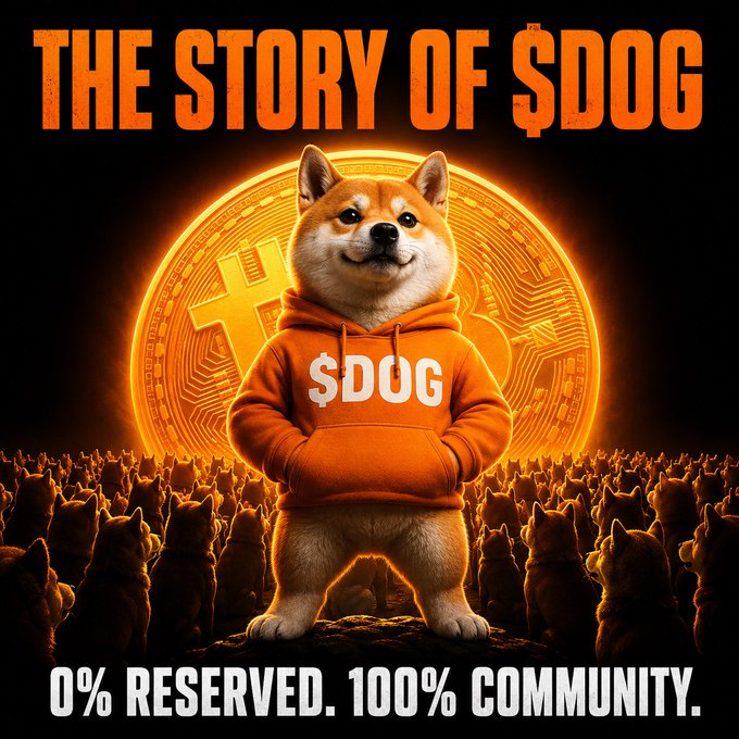 A promotional graphic titled 'THE STORY OF $DOG' features a Shiba Inu dog wearing an orange '$DOG' hoodie, standing before a glowing Bitcoin-like coin and a crowd of dogs, with the tagline '0% RESERVED. 100% COMMUNITY.'