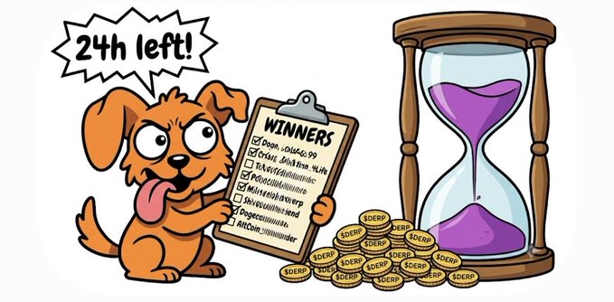 The image shows a cartoon dog holding a sign that says "Winners" with a list of winners listed below, which includes names such as "#derp #memecoin #solana #crypto #contest". There are stacks of gold coins visible in the background and behind the dog. The post states that winners already received $10,000, while others still need to drop their wallet for a contest starting at 24h from now or risk losing their chance.