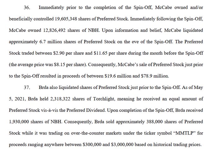 An excerpt from a legal or financial document detailing share liquidations by individuals named McCabe and Brda, referencing Preferred Stock, NBH, Torchlight, and ticker "MMTLP" with proceeds ranging from $19.6 million to $78.9 million.