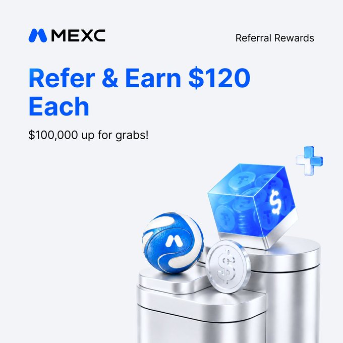 MEXC promotional graphic with the headline "Refer & Earn $120 Each" and "$100,000 up for grabs!" alongside 3D-rendered blue coins and tokens on silver pedestals, illustrating the cryptocurrency exchange's referral rewards program offering up to $120 per referral as mentioned in the post.