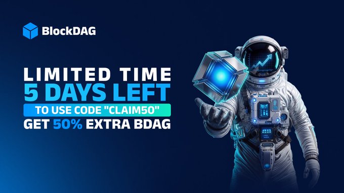 A promotional BlockDAG advertisement featuring an astronaut holding a glowing blue cube alongside text announcing "LIMITED TIME 5 DAYS LEFT TO USE CODE 'CLAIM50' GET 50% EXTRA BDAG." The image visually reinforces the post's urgent call to use the "CLAIM50" promo code for a 50% bonus on BDAG purchases within the remaining 5-day window.