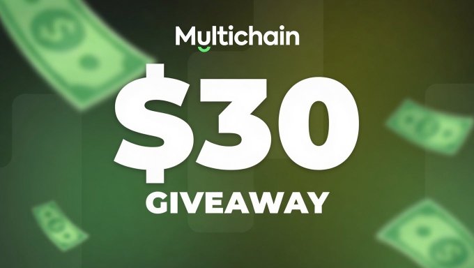 A promotional graphic for a Multichain $30 giveaway featuring bold white text over a green background with floating dollar bill illustrations, designed to advertise the 24-hour social media contest offering SOL prizes to two winners.